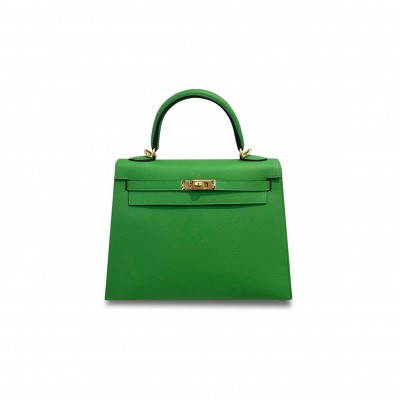 HERMÈS KELLY 25 SELLIER VERT YUCCA EPSOM GOLD BUCKLE (25*17*7cm) 
